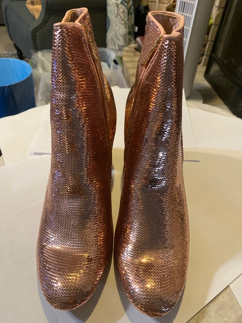 Women's Rose Gold Sequin Ankle Booties with Side Zip  Size 11